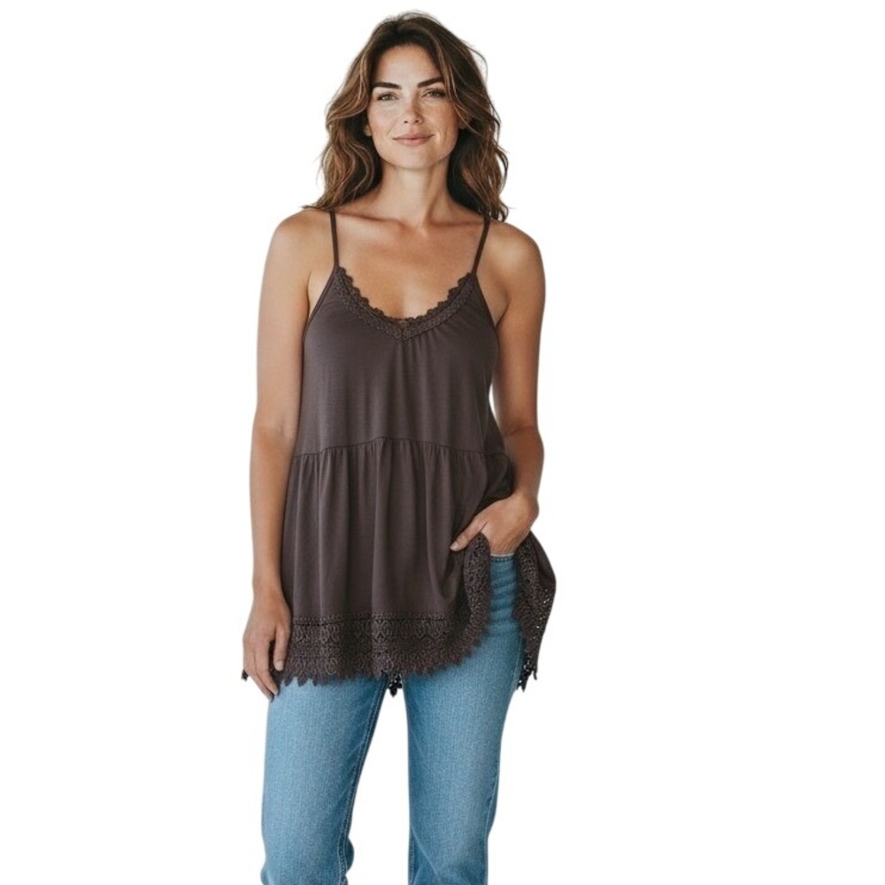 O2 Collection‎ Lace Tank top M Brown Fairy Romantic Coquette Layering Babydoll